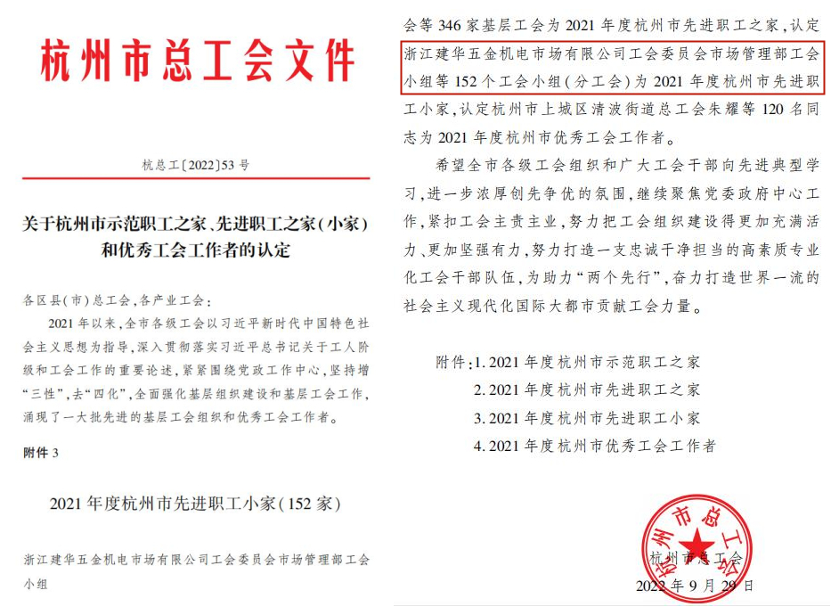 利记官网平台入口市场管理部工会小组荣获“杭州市先进职 工小家”称呼